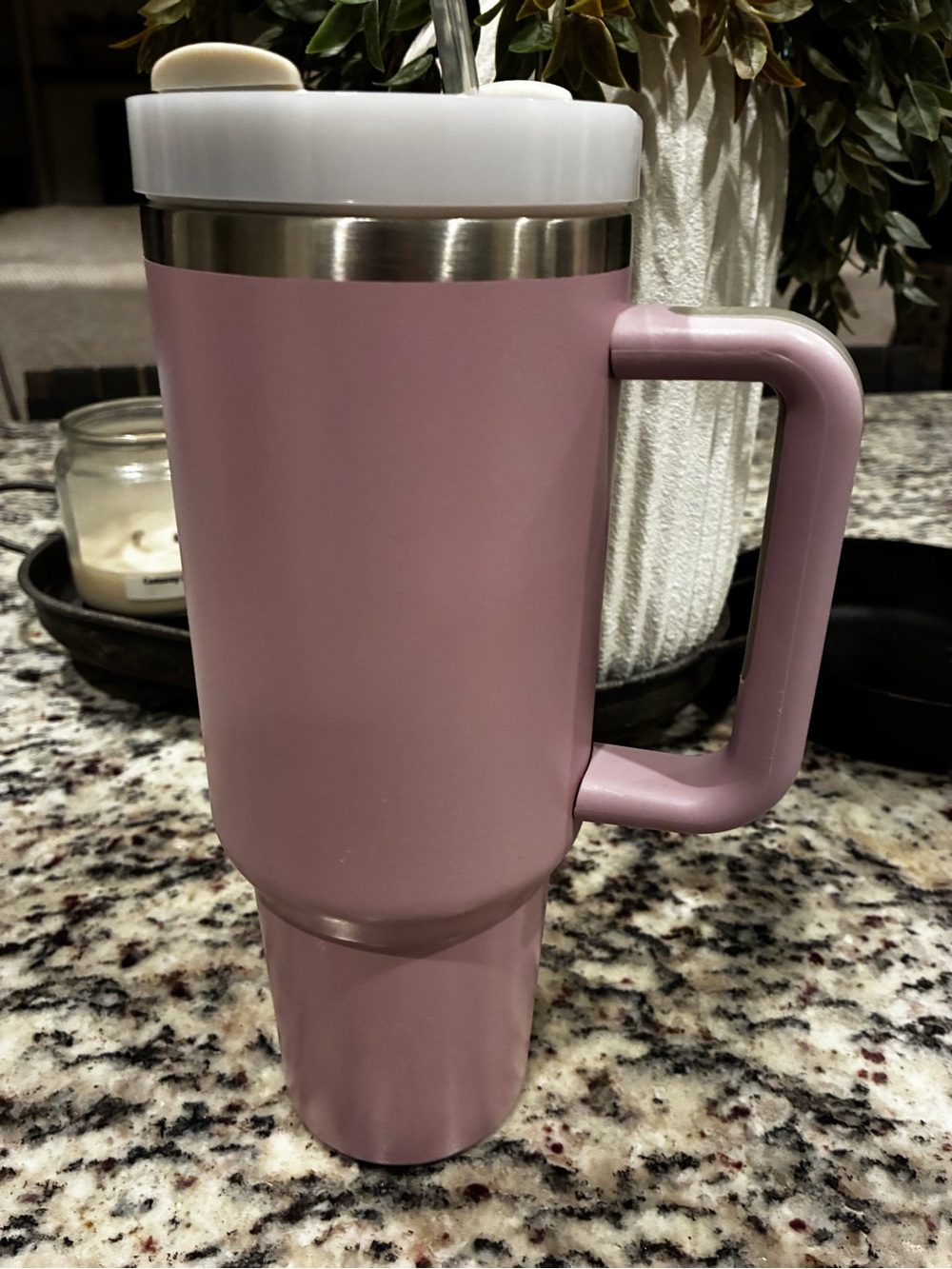 Pink Insulated Travel Mug with Handle and Straw - Durable Stainless Steel